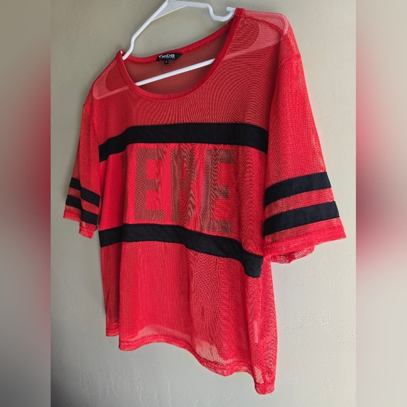 Bebe Black And Red Striped Womens Medium Mesh Sport Top Football Style - Picture 3 of 9